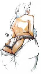 1girls ass back if_nefely light-skinned_female light_skin long_hair oni oni_horns sedai_one thighs thong traditional_media_(artwork) virtual_youtuber white_hair white_horn