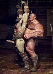 ass bald bald_man bara big_dom_small_sub big_muscles big_penis chained chains covering_mouth erect_penis erection god_of_war hairy hairy_ass imminent_penetration imminent_sex kratos male/male male_only muscular muscular_male nude orc restrained slow_penetration standing standing_sex yolco