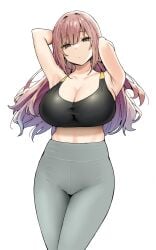 1girls 2023 absurd_res armpits arms_behind_head arms_up bare_arms bare_shoulders black_sports_bra breasts brown_eyes cleavage clothing eyebrows_visible_through_hair eyes_visible_through_hair female female_only grey_pants hair_between_eyes highres huge_breasts joshi_kōsei_rich_thots kaori_(sky_(freedom)) long_hair looking_at_viewer original pants pink_hair simple_background sky_(freedom) solo sports_bra standing tight_clothing white_background yoga_pants