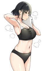 1girls 2023 absurd_res after_workout arm_up armpits black_buruma black_hair black_sports_bra breasts buruma cleavage clothing eyebrows_visible_through_hair female female_only green_eyes hand_behind_neck highres holding_towel joshi_kōsei_rich_thots large_breasts midriff mio_(sky_(freedom)) navel open_mouth original short_hair simple_background sky_(freedom) solo sports_bra sportswear standing steam steaming_body sweat sweating thighs towel towel_on_head track_and_field track_uniform white_background wiping_face wiping_sweat