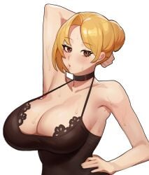 1girls 2022 5t_(artist) absurd_res arm_behind_head arm_up armpits bare_arms bare_shoulders black_camisole blonde_hair blush breasts brown_eyes camisole choker cleavage clothing eyebrows_visible_through_hair female female_only hair_bun hand_on_hip highres large_breasts open_mouth original original_character shirt short_hair simple_background sleeveless sleeveless_shirt solo spaghetti_strap sweat sweating sweating_profusely tied_hair tight_clothing white_background