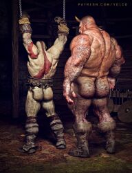 ass bald bald_man bara big_dom_small_sub big_muscles big_penis chained chains god_of_war hairy hairy_ass kratos male/male male_only muscular muscular_male nude orc restrained standing yolco