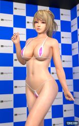 1girls 3d bikini blonde_hair cleavage dead_or_alive dead_or_alive_xtreme_venus_vacation female female_only g-string large_breasts long_hair looking_at_viewer micro_bikini pink_bikini purple_eyes solo teardrop_bikini torker88 yukino_(doa)