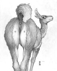 2023 animal_genitalia anus camelid crotchboobs dock ecmajor female feral genitals hi_res horizontal_pupils llama mammal monochrome pupils pussy signature solo