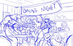 3boys 4girls allyria_(spunky_paladins) angry bald_man beard big_breasts bikini_armor chainmail_bikini clumzor curvy_female dwarf elf english_text female indoors justina_(spunky_paladins) large_breasts male mustache red_hair salir_(spunky_paladins) scalie sketch spunky_paladins