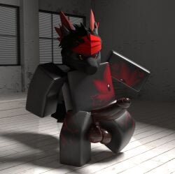 3d akaritheyeen anthro balls big_penis bodily_fluids confusion erection expansion genital_expansion genitals growth growth_pills hi_res humanoid_genitalia lamp male mask penis roblox robloxian saggy_balls solo solo_male stage_light startled sweat sweaty_balls sweaty_genitalia sweaty_penis