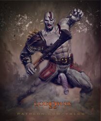 bald bald_man bara blade erect_penis front_view god_of_war kratos male male/male male_only muscular muscular_male solo solo_male warrior weapon yolco