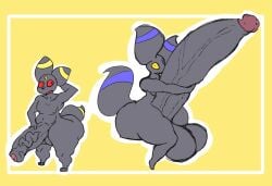 anthro balls big_balls big_penis duo eeveelution gatofashado generation_2_pokemon genitals huge_cock hyper hyper_genitalia hyper_penis male male/male nintendo penis pokemon pokemon_(species) red_eyes shiny_pokemon simple_background size_difference tail umbreon vein veiny_penis yellow_eyes