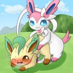 ambiguous_gender ass blue_eyes blush brown_eyes duo eeveelution feral feral_only generation_4_pokemon generation_6_pokemon hi_res leafeon male male_penetrating nintendo one_eye_closed open_mouth penetration pink_body pokemon pokemon_(species) sylveon tokumei_tm white_body yellow_body