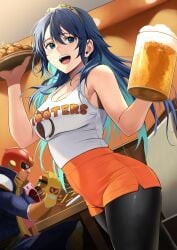 1boy 1girls :d alcohol alternate_costume bare_shoulders beer beer_mug black_pantyhose blue_eyes blue_hair blush breasts burger captain_falcon cleavage commentary_request commission cup eating f-zero female female_focus fire_emblem fire_emblem_awakening food french_fries gloves hair_between_eyes helmet highres holding holding_cup holding_food hooters indoors izawa_(bhive003) izawa_(bhive003) kirby kirby_(series) large_breasts long_hair looking_at_viewer lucina_(fire_emblem) mug nintendo open_mouth orange_shorts pantyhose shiny_clothes shirt shorts skeb_commission smile solo_focus super_smash_bros. table teeth thick_thighs tiara tongue upper_teeth_only waitress white_shirt zawa_(bhive003)