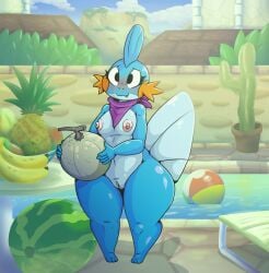 anthro_only bandana blue_body blush female flat_chested food fruit generation_3_pokemon genitals hi_res iguanasarecool invalid_tag kerchief mudkip nintendo plant pokemon pokemon_(species) pool pussy thick_thighs wide_hips