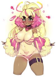 antenna_hair antennae background belt big_breasts bikini blonde_fur blonde_hair blue_eyes blush blushing breasts cleavage collar eyebrows eyes heart heart_necklace huge_breasts ichigo_lemonade indie_virtual_youtuber large_breasts light_bulb light_skin markings monster_girl moth_girl pink_fur pink_hair slugbox star_pupils stars striped_bikini striped_clothing striped_swimsuit striped_swimwear tan_skin tattoo thick_thighs underboob violet_eyes virtual_youtuber vtuber white_background yellow_fur yellow_hair