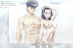 1boy 1girls after_shower age_difference ass ass_grab big_breasts blue_eyes breasts brown_eyes diamond_is_unbreakable electricshark female height_difference human implied_incest incest jojo's_bizarre_adventure josuke_higashikata large_breasts mature milf mother mother_and_son muscles muscular muscular_male nipples pale-skinned_female pale_skin purple_hair seductive_smile short_hair shounen_jump shower showering tomoko_higashikata wet wet_hair wet_skin