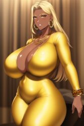 ai_generated blonde_hair dark-skinned_female dark_skin golden_bodysuit golden_bracelet golden_chain golden_earrings golden_necklace hoop_earrings hotel_room huge_breasts jewelry mature_female nai_diffusion shiny_skin sinfulgoat tan thick_thighs