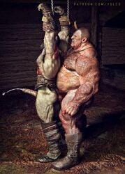 ass bald bald_man bara big_dom_small_sub big_muscles big_penis chained chains covering_mouth cum cumming cumming_from_anal_sex cumming_while_penetrated erect_penis erection god_of_war hairy hairy_ass imminent_penetration imminent_sex kratos male/male male_only muscular muscular_male nude orc restrained slow_penetration standing standing_sex yolco