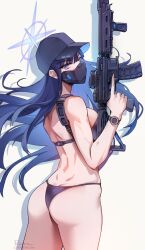 1girls ass bikini blue_archive blue_eyes blue_hair breasts bubble_butt female foxy_rain_(foxyreine) foxyrain_(foxyreine) foxyreine gun halo hat holding_object large_ass large_breasts light-skinned_female light_skin long_hair mask saori_(blue_archive) simple_background thighs