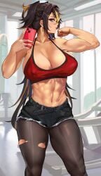 1girls abs biceps blue_eyes breasts brown_hair brown_skin cleavage dehya_(genshin_impact) female fit fit_female flexing genshin_impact hi_res huge_breasts indoors long_hair loooyd muscular selfie sports_bra sportswear