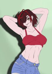 abs big_balls big_breasts brown_hair bulge bulge_through_clothing fit fit_female flaccid flaccid_cock flaccid_penis futa_only futanari hotpants itsukeart red_hair shorts smug smug_expression smug_face smug_grin smug_smile