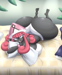 1girls anthro anthro_only big_ass big_breasts big_butt female female_only huge_ass humanoid large_ass large_breasts looking_at_viewer luditima lying_down lying_on_bed pokémon_(species) pokemon solo tapu_lele