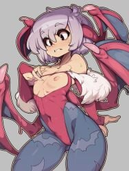 arm_at_side bent_wrist breast_cutout breasts_out capcom clothing darkstalkers fingers_on_chest flat_chest lilith_aensland looking_down nipples skin_tight slugbox succubus sweating tights true_flat_chest