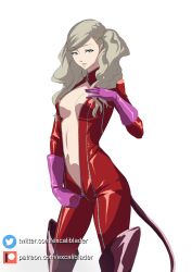 ann_takamaki atlus big_breasts bodysuit boots breasts clothing excaliblader female gloves human looking_at_viewer megami_tensei pale_skin patreon_logo patreon_username persona persona_5 phantom_thief_suit thigh_boots twitter_logo twitter_username unzipping white_background