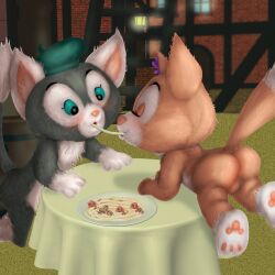 1boy1girl anthro ass bending_over bent_over big_ass big_butt closed_eyes cub disney duffy_and_friends eating feline female_fox food fox furry furry_only gelatoni linabell mousetache spaghetti