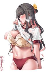 1girls alternate_costume bangs black_hair blush bra breasts buruma cameltoe cleavage clothes_lift collarbone colored_inner_hair cropped_legs ebifurya female gym_shirt heavy_breathing highres kantai_collection large_breasts lifted_by_self light-skinned_female light_skin long_hair looking_at_viewer looking_to_the_side multicolored_hair naganami_(kantai_collection) navel panties panty_peek pink_hair red_buruma shirt shirt_lift short_sleeves simple_background solo sweat twitter_username underwear white_background white_shirt yellow_bra