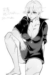 big_breasts canon_genderswap cleavage doodle female female_only genderswap_(mtf) ginko_sakata gintama gintoki_sakata hs_evng8 looking_away monochrome nipple_bulge no_bra oversized_clothes oversized_shirt panties popped_collar rule_63 scars short_hair sitting solo