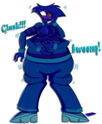 4_arms angel_dust_(hazbin_hotel) arachnid arachnid_humanoid blue_body blue_hair blue_phone blue_shoes blue_skin blueberry blueberry_inflation blush chubby chubby_anthro chubby_belly chubby_male demon hand_on_belly handprint hazbin_hotel multi_arm multi_limb renardgia spider