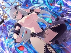 breasts gekko_(senran_kagura) green_eyes hair_between_eyes large_breasts long_hair nipples nude_filter senran_kagura senran_kagura_(series) senran_kagura_new_link silver_hair smile third-party_edit yaegashi_nan