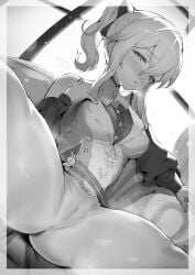 1girls black_and_white blush blushing breasts cameltoe clothed female female_only genshin_impact jean_gunnhildr legs_open ponytail pussy_visible_through_clothes sukoyaka93 tagme thick thick_thighs thighs tight_clothes tight_clothing tight_pants