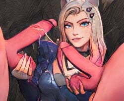 1girls 2boys ahri ball_fondling balls ballsack blonde_hair blue_eyes cum cum_on_clothes cum_on_penis handjob hands_on_balls k/da_all_out_ahri league_of_legends smile smiling