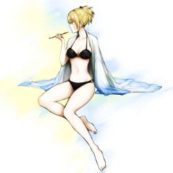 barefoot bikini black_bikini blonde_hair cleavage facial_scar female female_only full_body gintama hair_ornament kimono kiseru official_alternate_costume open_kimono pipe ponytail sitting smoking smoking_pipe solo swimsuit tsukuyo wearing_others_clothes