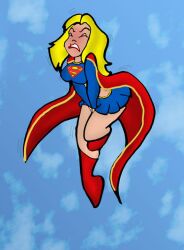 action_comics blonde_hair blush cape closed_eyes dc_comics flying hands_on_crotch have_to_pee holding_crotch kara_zor-el omorashi russkere skirt supergirl superman_(series)