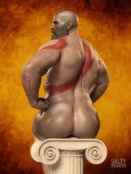 ass asshole bald bald_man bara daddy dilf god_of_war kratos male male/male male_only muscular muscular_ass muscular_back muscular_male nude saltyrenders sitting solo solo_focus solo_male spread_ass