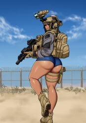 ass boots brown_hair dark-skinned_female dark_skin gun helmet hip_grab mk001black night_vision_goggles original original_character plate_carrier reese_(mk001black) rifle thick_thighs