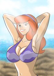 1girls against_glass armpits arms_behind_head big_breasts bikini breast_press breasts cleavage daphne_blake drake95 female female_only huge_breasts purple_bikini red_hair scooby-doo swimsuit