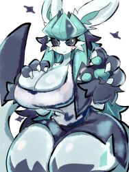 2023 anthro big_breasts black_eyes black_highlights blue_hair blush cleavage clothed eeveelution furry game_freak glaceon hand_on_breast long_blue_hair long_hair looking_at_viewer nintendo nyaswitchnya pokémon_(species) pokemon skirt tank_top thick_thighs thunder_thighs wide_hips