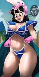 1girls absurdres bangs bikini bikini_armor black_hair blue_armor blue_clothes blue_clothing busty cape chichi chichi's_armor chichi's_helmet child_bearing_hips cleavage cute_face dragon_ball dragon_ball_z echosaber english_text female female_focus gloves helmet hips large_breasts light-skinned_female long_hair milf pink_gloves revealing_clothes skimpy_clothes thick_thighs voluptuous