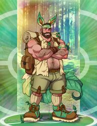 1boy bear_(body_type) biceps bulge cabaret_bara cabaret_bara_series caucasian caucasian_male eeveelution grass_type hairy_chest henry_(cabaret_bara) leafeon leafeon_(cosplay) looking_at_viewer male male_only muscles muscular muscular_male pokemon pokemon_(cosplay) smiling_at_viewer solo solo_male twitter_user_oc