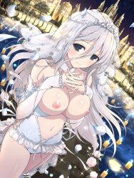 breasts breasts_out cleavage female gekko_(senran_kagura) green_eyes jewelry large_breasts long_hair looking_at_viewer nipples nude_filter own_hands_clasped senran_kagura senran_kagura_(series) senran_kagura_new_link silver_hair smile solo third-party_edit veil wedding_lingerie yaegashi_nan