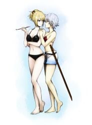 2girls alternate_costume arm_under_breasts barefoot bikini bikini_top blonde_hair blue_bikini canon_genderswap cleavage eye_contact female female_only full_body genderswap_(mtf) ginko_sakata gintama gintoki_sakata hair_ornament hi_res kiseru looking_at_another official_alternate_costume pale-skinned_female pale_skin pipe ponytail rule_63 short_hair shorts silver_hair smoking smoking_pipe standing swimsuit sword tied_hair tsukuyo white_hair yuri