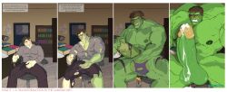 artist_signature bara bruce_banner deerxboi detailed_background english_text growth huge_cock hulk_(series) male male_only marvel masturbation transformation transformation_sequence