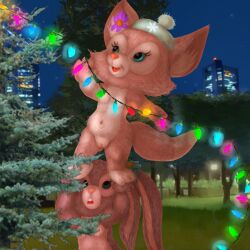 2girls anthro bunny christmas christmas_tree cub disney duffy_and_friends female female_fox female_only fox furry furry_only hat linabell looking_at_genitalia looking_up mousetache naked public public_nudity pussy rabbit stellalou vagina