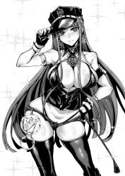 1girls armlet bra breasts cleopatra_(fate) crop_top dominatrix earrings fate/grand_order fate_(series) fingerless_gloves gggg gloves hat highleg highleg_panties holding_riding_crop large_breasts long_hair looking_at_viewer monochrome panties riding_crop short_shorts shorts sweat thighhighs whip