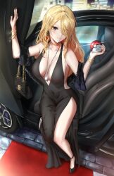 1girls black_dress black_eyes black_nails blonde_hair bracelets breasts car choker cynthia_(pokemon) dress earrings evening_dress evening_gown feather_boa hair_over_one_eye handbag high_heels holding_poke_ball ippers large_breasts long_hair looking_at_viewer nail_polish necklace nintendo painted_fingernails poke_ball pokeball pokemon pokemon_dppt purse red_carpet side_slit sports_car taut_dress