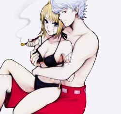 1boy 1girls bikini black_bikini blonde_hair breast_grab cleavage embrace facial_scar female from_behind gintama gintoki_sakata groping groping_breasts groping_from_behind hand_on_breast hugging_from_behind kiseru looking_at_viewer male medium_breasts official_alternate_costume pale-skinned_female pale-skinned_male pale_skin pipe purple_eyes red_eyes sitting sitting_on_lap sitting_on_person smoke smoking smoking_pipe swimsuit swimwear topless_male tsukuyo white_hair