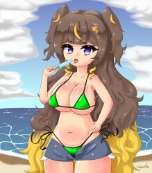 anya_melfissa beach bikini brown_hair clothed_female hololive hololive_indonesia hololive_indonesia_holoro hoonter hotpants huge_breasts ice_cream long_hair purple_eyes shortstack slutty_outfit thick_thighs tummy twintails virtual_youtuber wide_hips