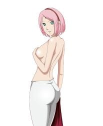 1girls ass back big_ass boruto:_naruto_next_generations covering covering_breasts covering_self dress dress_removed from_behind green_eyes holding_clothing holding_object looking_back mature mature_female milf naruto naruto_(series) no_bra pants pink_hair sakura_haruno standing topless