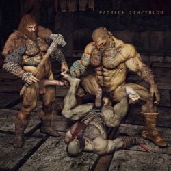 bald bald_man bara big_dom_small_sub big_penis daddy dilf god_of_war hair hairy hairy_ass kratos magni_(god_of_war) male male/male male_only modi_(god_of_war) multiple_males muscular muscular_male nude penetration sex threesome yolco